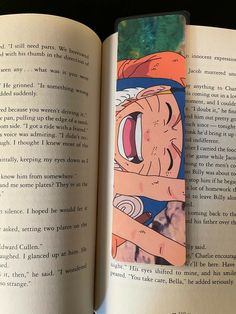 an open book with a cartoon character on the front cover and inside pages in english