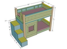 a bunk bed with stairs is shown in blue and green colors, as well as the measurements