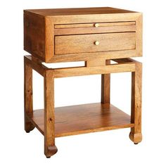 a small wooden table with two drawers on one side and an open drawer on the other