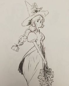 a black and white drawing of a woman in a hat with flowers on her head