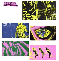 four different colored images with the words mission of destruction written in pink, yellow and green