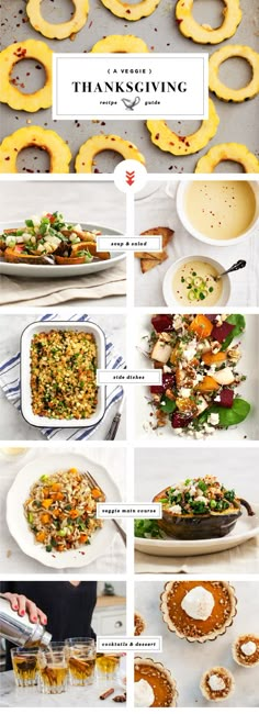 a series of photos showing different types of food on plates and in bowls, with the words thanksgiving written above them