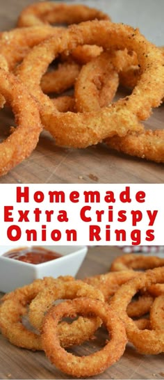 homemade extra crispy onion rings with dipping sauce