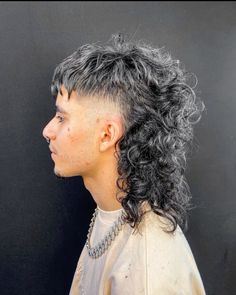 Curly Mullet With Undercut, Mullet With Long Hair, Long Curly Hair Styles For Men, Curly Deathhawk, Long Mullet Shaved Sides, Mohawk Mullet Mens, Long Mullet Men, Curly Hair Mullet Men, Short Curly Shag With Bangs