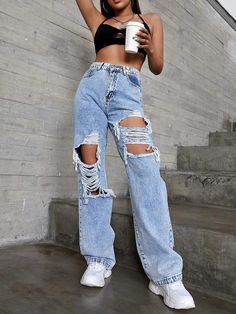 F00160313-103 Cute Ripped Jeans, Ripped Jeans Women, High Waisted Ripped Jeans, Blue Mom Jeans, Boyfriend Jean, Denim Pants Women, Outfit Jeans, Denim Patterns, High Waist Fashion