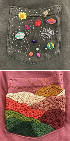 two pictures with different designs on them, one has a pocket and the other has an applique