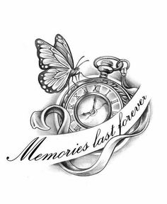 a drawing of an alarm clock with a butterfly on it and the words memories last forever