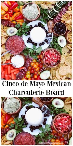 the mexican food is laid out and ready to be eaten with text overlay that reads cinco de mayo mexican character board