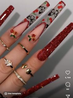 Red Acrylic Nails, Long Acrylic Nail Designs, Ombre Acrylic Nails, Grunge Nails, Nails Design With Rhinestones, Cute Acrylic Nail Designs, Exotic Nails, Long Acrylic Nails Coffin, Acrylic Nails Coffin Pink