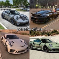 four different sports cars are shown in this collage