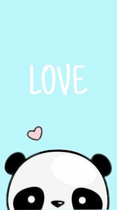 a panda bear sitting on top of a blue background with the word love above it