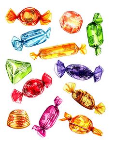 an image of different colored candies on white background with watercolor effect in the middle