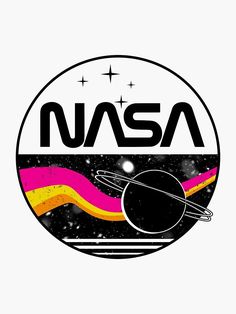 the nasa logo is shown in black and white with pink, yellow, and orange stripes