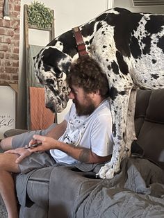 a man sitting on top of a couch next to a large black and white dog