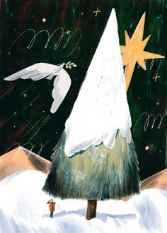 a drawing of a christmas tree in the snow with two birds flying over it and stars above