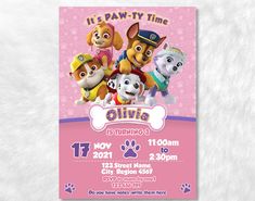 the paw patrol birthday party poster is shown on a white furnishe background with pink and