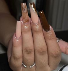 Brown And Tan French Tip Nails, Mocha Colored Nails, Brown And Grey Nails, Light Brown And White Nails, Fall Acrylic Nails Medium Length, Brown And Tan Nails, Light Brown Nails Design, Chocolate Nail Designs, Brown And Black Nails