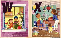 two children are standing in front of a window with the letter x and an image of a family eating watermelon