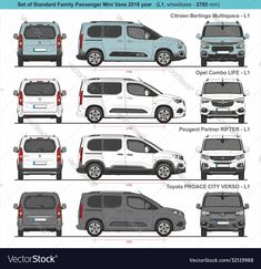 the different types of minivans in various sizes and colors, with descriptions on each side