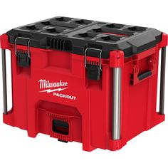 the milwaukee backout cooler is red and has four compartments on each side with black handles