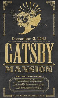 the poster for an upcoming show called gatsby mansion