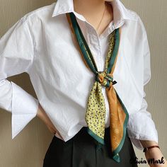 Silk Scarf Button Down Shirt, Rectangular Summer Scarves, Rectangular Green Silk Scarf, Green Rectangular Silk Scarf, Womens Neck Tie, Neck Scarf Outfit, Small Neck Scarf, Silk Scarf Outfit, Scarf Looks