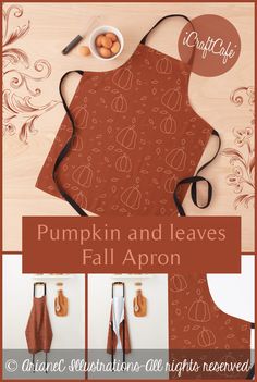 Fall maroon apron with pumpkins and leaves Fall Apron, Leaf Line Art, Pumpkins And Leaves, Art Apron, Maroon Background, Autumn Pumpkins, Autumn Thanksgiving, Fall Theme