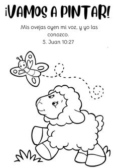 a coloring book with an image of a sheep and a butterfly flying over the ground