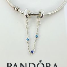 Pandora Triple Blue Stone Safety Chain Charm For Pandora Bracelet # 791688C01 New and never used  ALE / S925 on it  Sterling Silver Bracelet for display only Pictures taken from actual item Comes with Official Pandora cartoon box,tissue paper and seal PAYMENT: We accept credit cards, debit cards, and e-checks through payment system. Payment is due within 3 days, but immediate payment is greatly appreciated. SHIPPING: Item available now ready to go I can ship out as soon as possible mostly same d Sterling Silver Chain Jewelry In Blue, Sterling Silver Blue Chain Jewelry, Pandora Charms Blue, Blue And Silver Pandora Bracelet, Blue Sterling Silver Charm Bracelet With Lobster Clasp, Nickel-free Blue Charm Bracelet For Gift, Pandora Blue Butterfly Charm, Pandora Blue, Safety Chain