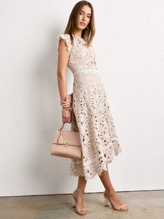 Just Me Floral Crochet Midi Dress - Brands We Love | New York & Company Chic Midi Dress, Midi Dress Chic, Crochet Midi Dress, Crochet Midi, Timeless Dress, Floral Crochet, Jacket Brands, Lace Back, Petite Fashion