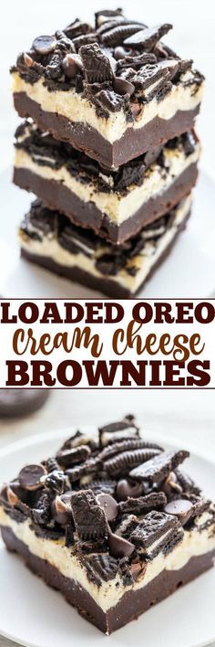 chocolate oreo cream cheesecake brownies stacked on top of each other with text overlay