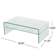 a glass coffee table with measurements for the top and bottom portion, including the height