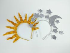 Set of Original headbands Gold Sun and Silver Moon Halloween glitter crown | eBay Sun And Moon Birthday Party, Sun Headpiece, Avatar Tiktok, Moon Headpiece, Sun Headband, Sun Costume, Sun And Moon Costume, Sun Crown, Matching Costume