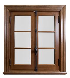 an open wooden door with glass panels and metal handles on the outside side, isolated against a white background