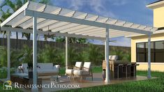 an outdoor living area with patio furniture and pergolated roof