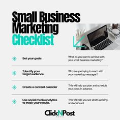 the small business marketing checklist is shown in blue and black, with an image of a laptop on it