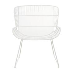 a white chair with metal legs and a wire frame on the back, against a white background