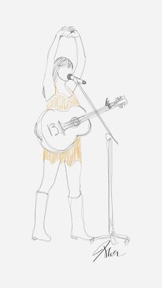 a drawing of a person playing a guitar and singing into a microphone with an instrument in front of them