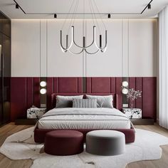 a modern bedroom with red and white walls, large bed, round foot stools, and chandelier hanging from the ceiling