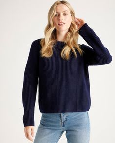 Say hi to our classic fisherman knit sweater in a lighter weight 100% organic cotton. With allover rib detailing, this sweater has the ideal vibe for chill days and evenings. The perfect layering piece to help transition from fall all the way through spring to throw on with a light silky skirt or your favorite jeans.Also offered in sizes 1X-3X. Fisherman Knit Sweater, Fisherman Sweater, Cashmere Wrap, Favorite Sweater, Organic Fabrics, Navy Sweaters, Mock Neck Sweater, Quince, Cotton Sweater