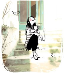 a drawing of a woman walking down the street with birds flying around her and looking up at her