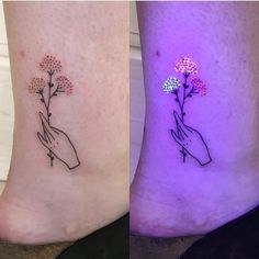 two tattoos on the legs of people with flowers in their hands and one is holding a flower