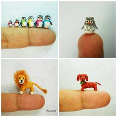 four different pictures of tiny animals on fingernails, including an owl and a dog