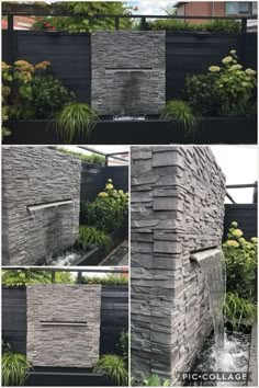 four different views of a water feature in a garden with plants and rocks on the sides