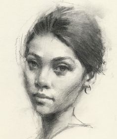 a pencil drawing of a woman's face, with her hair pulled back and eyes closed