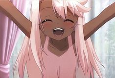 an anime character with pink hair and long white hair standing in front of a window