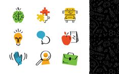 an image of different colored icons on a white and black background