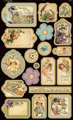 an assortment of vintage tags with flowers and angels on them, all in different colors