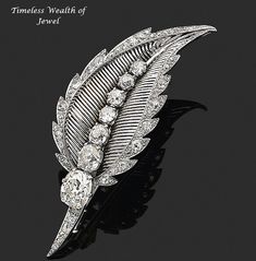 Boucheron, this leaf brooch is from a later period. In gold and platinum, it is set with a succession of large round and cushion-cut diamonds. This very fine cherry leaf is openworked with platinum wires, making it even lighter. Cherry Leaf, Leaf Brooch, Gold Brooches, Cushion Cut Diamonds, Cushion Cut, Brooches, Period, Platinum, Cherry