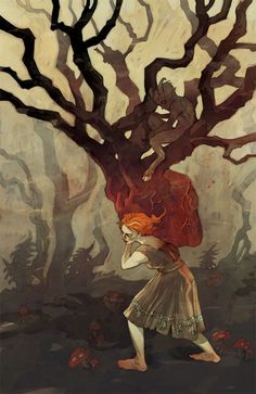 a painting of a woman walking in front of a tree with red leaves on it